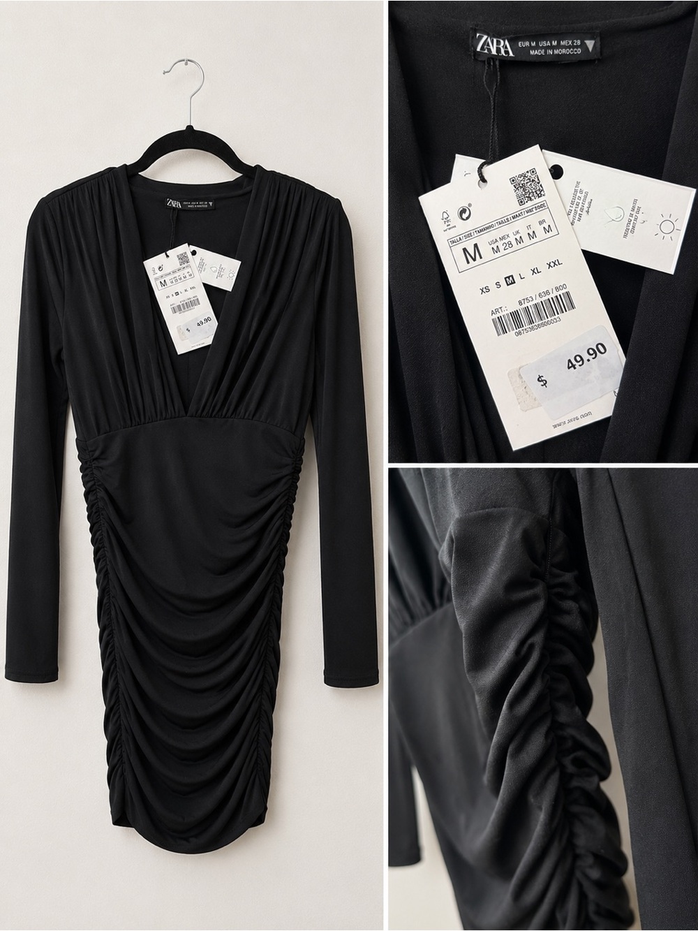 Zara Black Ruched V-Neck Long-Sleeve Dress